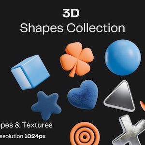 Może przedstawiać: Kolekcja kształtów 3D w różnych kolorach i teksturach, w tym niebieska kostka, pomarańczowa koniczyna, niebieska kula i srebrny trójkąt. Obraz zawiera tekst "3D Shapes Collection" i "80 Shapes & Textures".