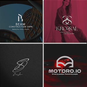 Op de afbeelding: Vier logo's op een donkere achtergrond. Het logo linksboven is voor Beam Construction, met een gebouwafbeelding. Het logo rechtsboven is voor Krosal, een modemerk. Het logo linksonder is voor Der Ju. Het logo rechtsonder is voor Motoro.io.