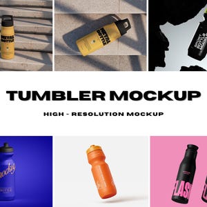 May include: A collection of tumbler mockups in various colors, including yellow, blue, and orange. The tumblers have black lids and are labeled with text such as "METAL BOTTLE", "mocky", and "SPORT BOTTLE MOCKUP". The image also includes the text "TUMBLER MOCKUP" and "HIGH-RESOLUTION MOCKUP".