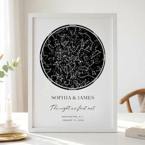 May include: A framed print featuring a black and white star map within a circular design. The print includes the names "SOPHIA & JAMES" and the text "The night we first met" with a date and location. The print is displayed on a white table.