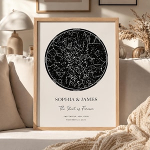 May include: A framed star map print featuring a circular black sky chart with white constellations. Below the chart, the text reads: SOPHIA & JAMES, The Start of Forever, SWEETWATER, NEW JERSEY, NOVEMBER 23, 2026. The print is in a light wood frame.