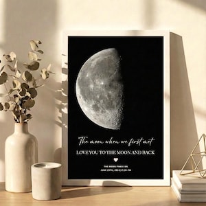 Può includere: Una stampa incorniciata con un'immagine dettagliata della luna su sfondo nero. Il testo recita "The moon when we first met" e "LOVE YOU TO THE MOON AND BACK". Sotto, c'è scritto "THE MOON PHASE ON JUNE 25TH, 2024 17:30 PM".