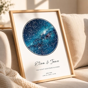May include: A framed star map print featuring a circular deep blue galaxy illustration with white constellations. The text reads Elina & James, THE NIGHT OUR STARS ALIGNED, NEW YORK, and JUNE 23, 2025 | 10:PM, set against a clean white background.