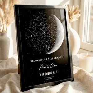 May include: Black framed print featuring a celestial design with a crescent moon and constellations. The text reads "THE NIGHT OUR STAR ALIGNED" with names "Ava & Liam" and the date "25TH OCTOBER, 2022 CALIFORNIA". The print is displayed on a beige surface.