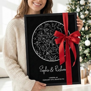 Mapa estelar personalizado enmarcado • Lámina personalizada del cielo nocturno • Nombres, fecha • Regalo de aniversario para parejas • Regalo de San Valentín para ella/él