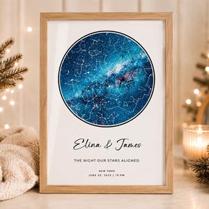 Puede incluir: Un marco de madera rectangular que contiene una impresión blanca con un mapa estelar circular azul. El texto dice: Elina & James, THE NIGHT OUR STARS ALIGNED, NEW YORK, JUNE 23, 2025 | 10 PM. La impresión presenta constelaciones sobre un fondo de galaxia azul profundo.