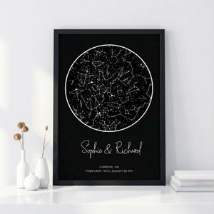 Ingelijste aangepaste sterrenkaart • Gepersonaliseerde print van de nachtelijke hemel • Namen, datum, • Jubileumcadeau voor koppels • Valentijnscadeau voor haar/hem