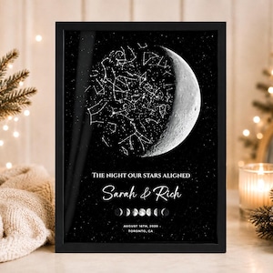 Könnte beinhalten: Ein rechteckiger schwarzer Rahmen mit einem Druck eines zunehmenden Mondes und Sternbildern auf schwarzem Hintergrund. Der Text lautet THE NIGHT OUR STARS ALIGNED, Sarah & Rich, eine Mondphasenreihe, AUGUST 16TH, 2020, TORONTO, CA.
