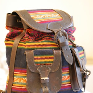 Andean style backpack - Traditional weaving fabric and hard leather