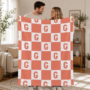 Customized Initial Name,Checkered Flannel Blanket,Personalized Flannel Throw,Letter Monogram,Checkered Present,Graduation Gift,Camp Throw