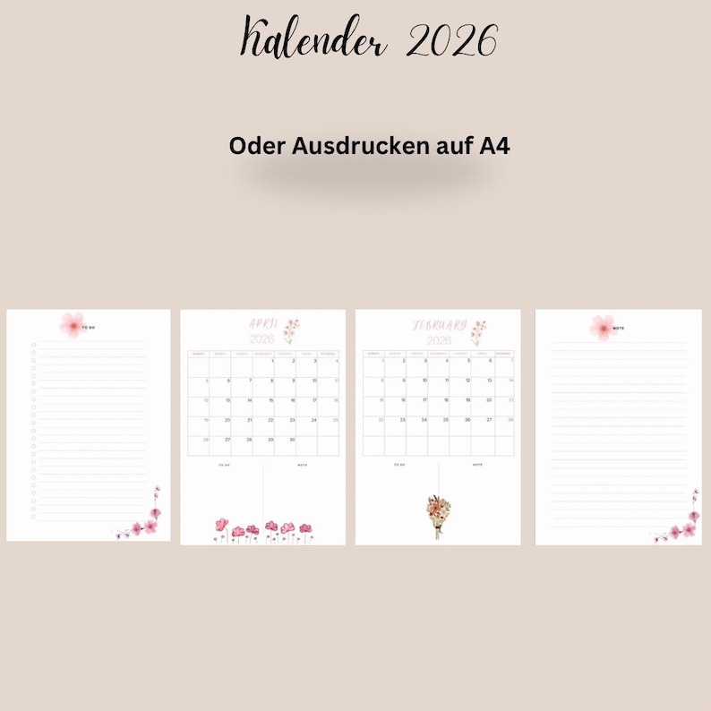 Kalender 2026 PDF Zum Ausdrucken | Ausfüllbarer Wandkalender A3 A4 A5
