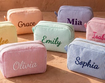 Monogrammed Seersucker Toiletry Bag, Personalized Makeup & Cosmetic Pouch – Bridesmaid Gift, Wedding Favor, Birthday and Thank You Gift