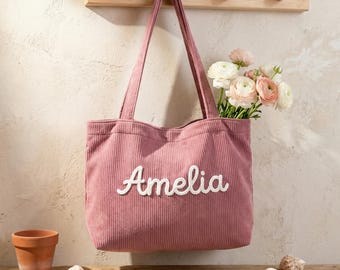 Aangepaste draagtas chenillenaam, gepersonaliseerde corduroy werkportemonnee met ritssluiting, cadeauzakje bruidsmeisje, gunst vrijgezellenfeest, Moederdagcadeau