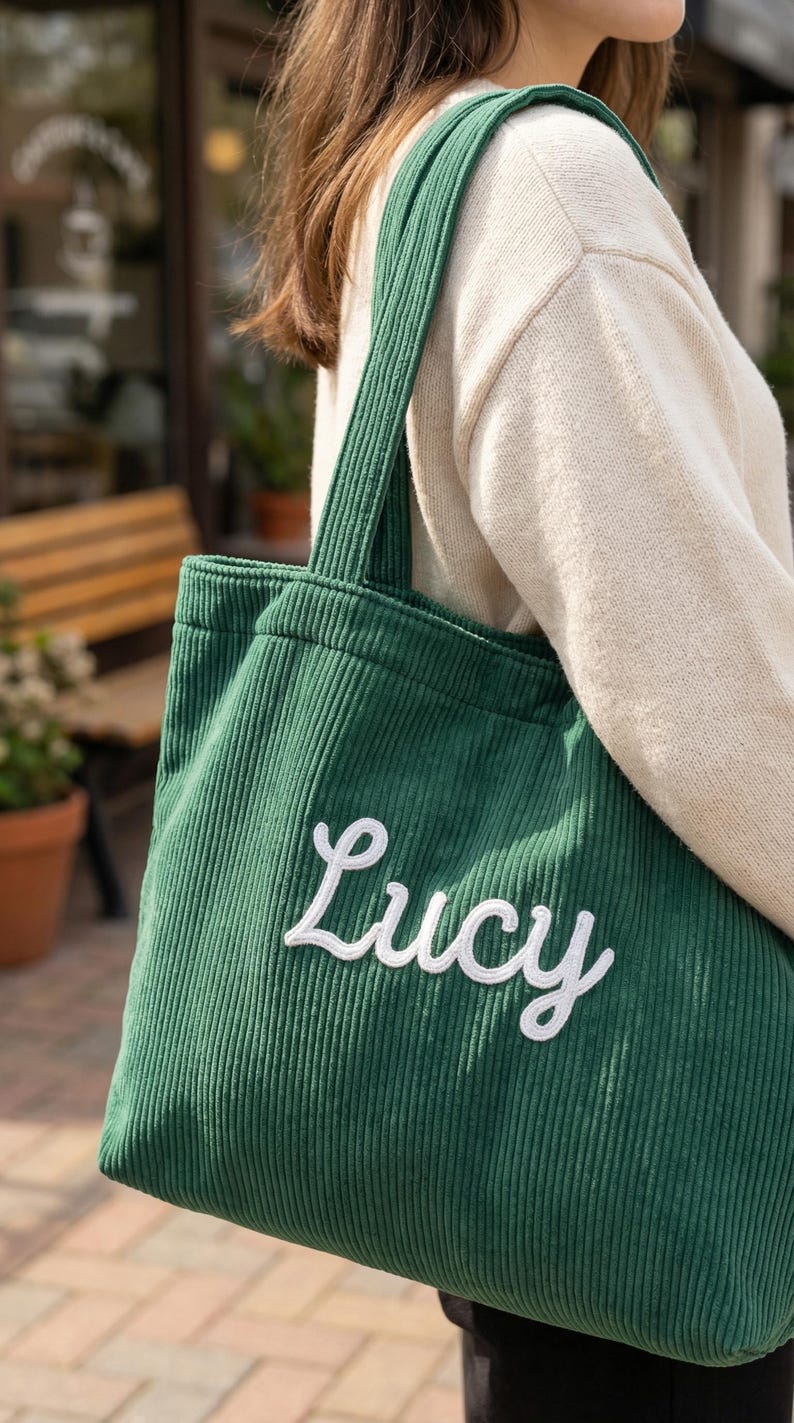 以下が含まれることがあります： 緑色のコーデュロイのトートバッグ。白い筆記体で「Lucy」と刺繍されています。バッグは長方形で、幅広のショルダーストラップが付いています。背景には、クリーム色のセーターを着た人が写っています。