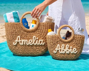 Borsa da spiaggia personalizzata in paglia intrecciata, borsa tote personalizzata per damigella d'onore, borsetta per addio al nubilato