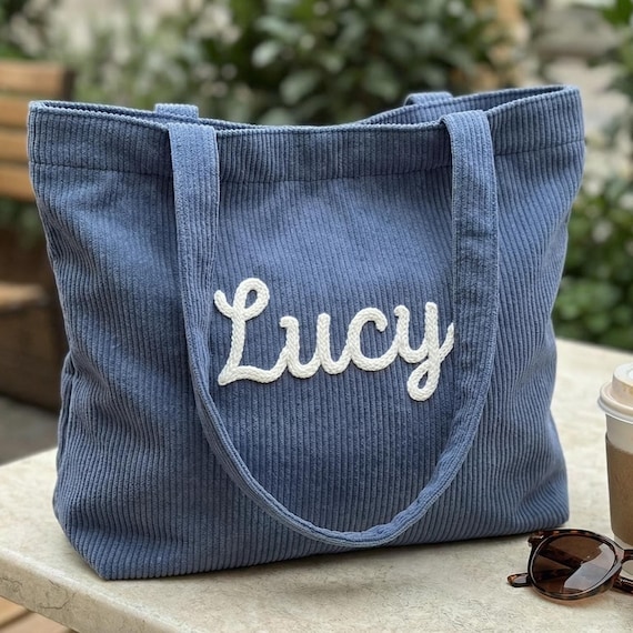 Personalized Corduroy Tote Bag, Custom Embroidered Name Shoulder Bag, Large 17” Everyday Shopper, Gift for Her