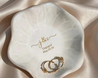 Personalized Ceramic Jewelry Dish with Names & Wedding Date, Custom Ring Tray, Mr and Mrs Engagement Gift