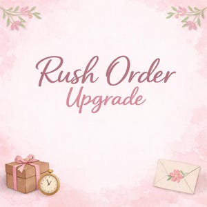 Puede incluir: Gráfico estilo acuarela con el texto "Rush Order Upgrade" en fuente cursiva. El fondo es rosa suave con detalles florales. Una caja de regalo, un reloj de bolsillo y un sobre están en las esquinas.