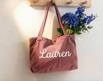 Gepersonaliseerde corduroy draagtas, geborduurde naam portemonnee met ritssluiting, vintage alledaagse reistas