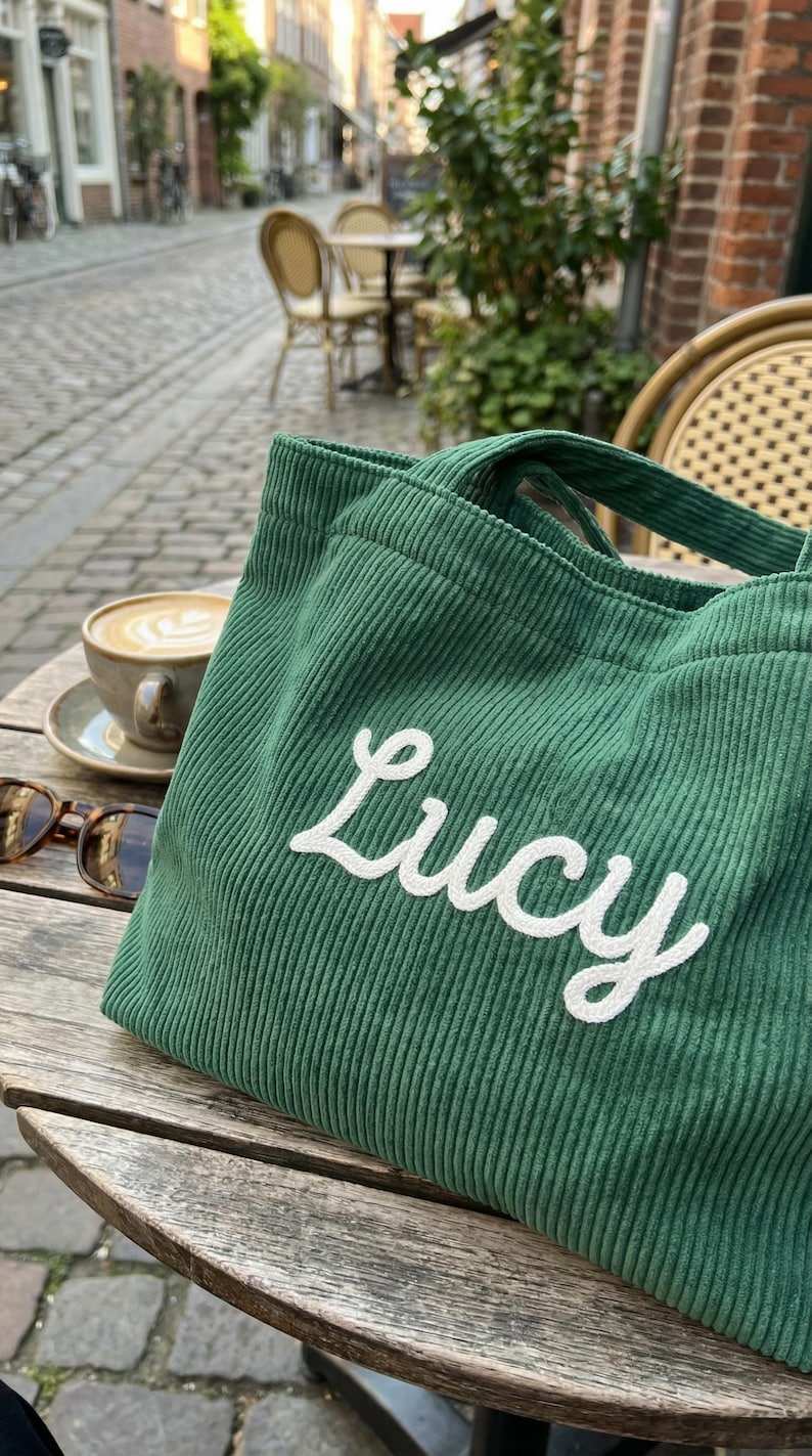 以下が含まれることがあります： 白い筆記体で「Lucy」と刺繍された緑色のコーデュロイのトートバッグ。バッグは、コーヒーカップとサングラスの隣の木製のテーブルの上にあります。背景にはヨーロッパの街並みが写っています。