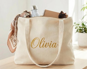 Gepersonaliseerde corduroy draagtas – draagtas aangepaste naam rits, cadeau bruidsmeisje, tas huwelijkscadeau, draagtas monogram