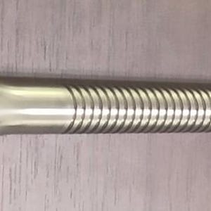 May include: A silver-colored curtain rod with a spherical finial. The rod has a spiral design along its length. The rod is made of metal and is designed to hang curtains.