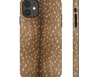 May include: A brown phone case with a white spotted pattern, resembling deer fur. The case has a black camera cutout and black side buttons. The side view shows the case's slim profile.