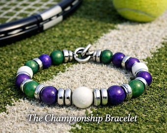 Championship Tennis Bracelet • Green White Purple Gemstones • Handmade Beaded Bracelet • Gift for Her • Gift for Him • Free Shipping