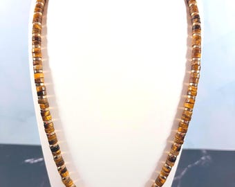 Tiger's Eye Heishi Necklace • 24k Gold Plated • Handmade Mens Gemstone Necklace • Gold Necklace for Men • Unisex Jewelry • Gift for Him