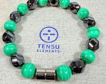 Malachite Hematite Bracelet • Magnetic Clasp • Mens Gemstone Bracelet • Bold Crystal Bracelet • Gift for Him • Gift for Her • Free Shipping