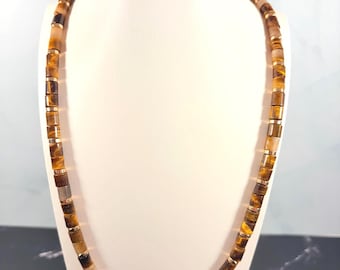 Tiger's Eye Necklace • 24k Gold Column Beads • Handmade Mens Gemstone Necklace • Gold Necklace for Men • Crystal Necklace • Gift for Him