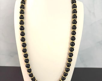 Black Onyx Bead Necklace • 18K Gold Plated Spacers • Handmade Gemstone Jewelry