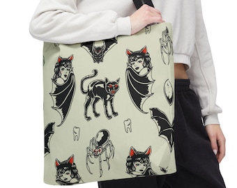 Retro Vampire Cat Bat Pattern Tote | Halloween Reusable Tote
