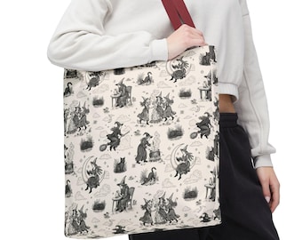 Halloween Toile Pattern Tote | Reusable Spooky Season Witch Cat Moon Bag (AOP)