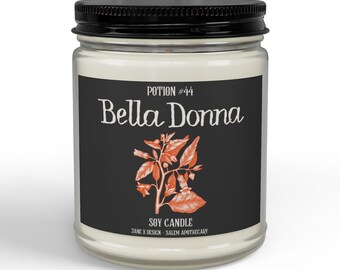 Bella Donna Potion Botanical Illustration Soy Candle | Glass Jar with Black Lid, 4oz & 9oz