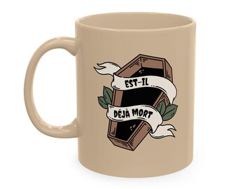 Est-Il Deja Mort Coffin Mug | Subtle Is He Dead Yet French Saying Coffee Cup