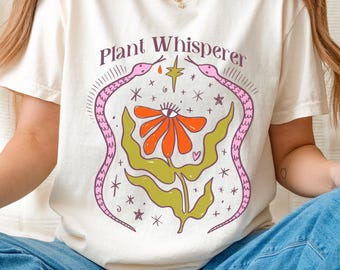 Plant Whisperer T-shirt | Garden Floral Illustration with Snake and Stars
