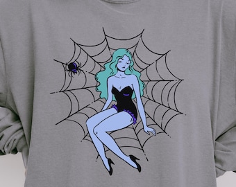 Spider Woman on Spiderweb Long Sleeve Shirt | Retro Halloween Illustration