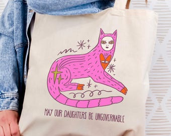 May Our Daughters Be Ungovernable Tote Bag | Mystical Pink Wolf Illustration