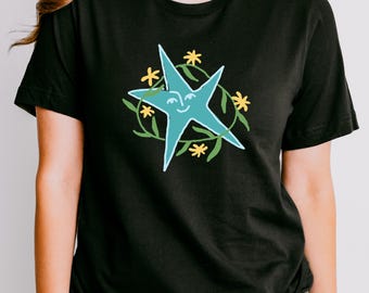 Daisy Chain Smiling Star Tee | Floral Hand Drawn Illustration T-Shirt