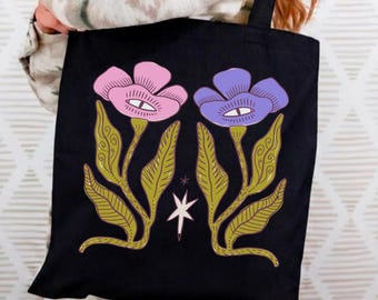 Mystical Pink & Purple Flower Illustration Tote Bag | Whimsical Floral Canvas Tote