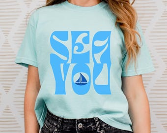 Sea You Graphic Pigment Dyed Tee | Boxy Crop T-shirt, Nautical Sailboat Design