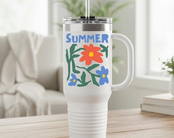 Tazza termica da viaggio da 40 oz con design floreale estivo / Bicchiere termico isolato con motivo floreale retrò