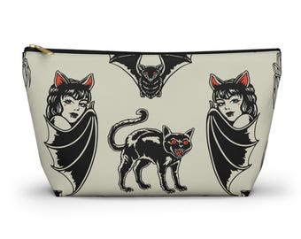 Vampire Girl and Black Cat Accessory Pouch | Gothic Halloween Makeup Bag