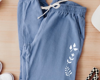 Minimal Botanical Leaf Print Sweatpants | Garment Dyed Fleece Joggers