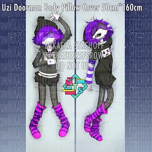 May include: A 50cm by 160cm body pillow cover featuring two illustrations of a character with purple hair, wearing a black beanie, black hoodie, and striped purple and pink socks. The text Uzi Doorman Body Pillow Cover 50cm*160cm is printed at the top.