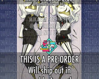 May include: A digital illustration of a character with white hair and a black outfit, featuring two poses. The character has a yellow visor with text, and the image includes watermarks reading This is made to order, @feathersferow on Etsy, MIKAELA STREHOFF, DO NOT USE, and THIS IS A PRE-ORDER Will ship out in roughly 1 month.