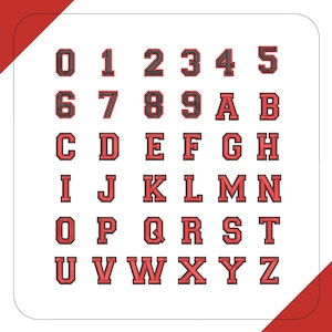 May include: A collection of red and black varsity-style letters and numbers, including 0-9 and A-Z, arranged in a grid on a white background. The letters and numbers have a bold, outlined design, perfect for custom designs.