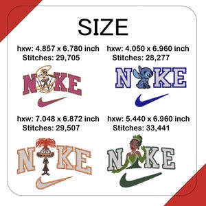 May include: An image featuring four embroidered designs with the word "NIKE" in various colors and fonts, each paired with a cartoon character. The designs include measurements in inches and stitch counts.
