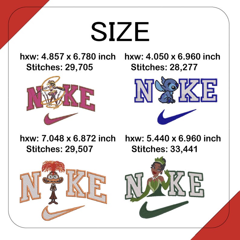 May include: An image featuring four embroidered designs with the word "NIKE" in various colors and fonts, each paired with a cartoon character. The designs include measurements in inches and stitch counts.